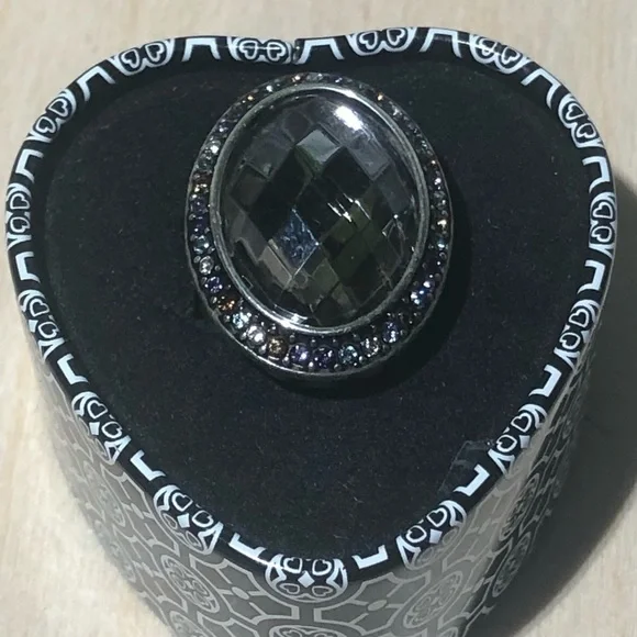 Brighton -Silver Toned- Lg Black Stone surrounded by multi color stones Ring~Sz6